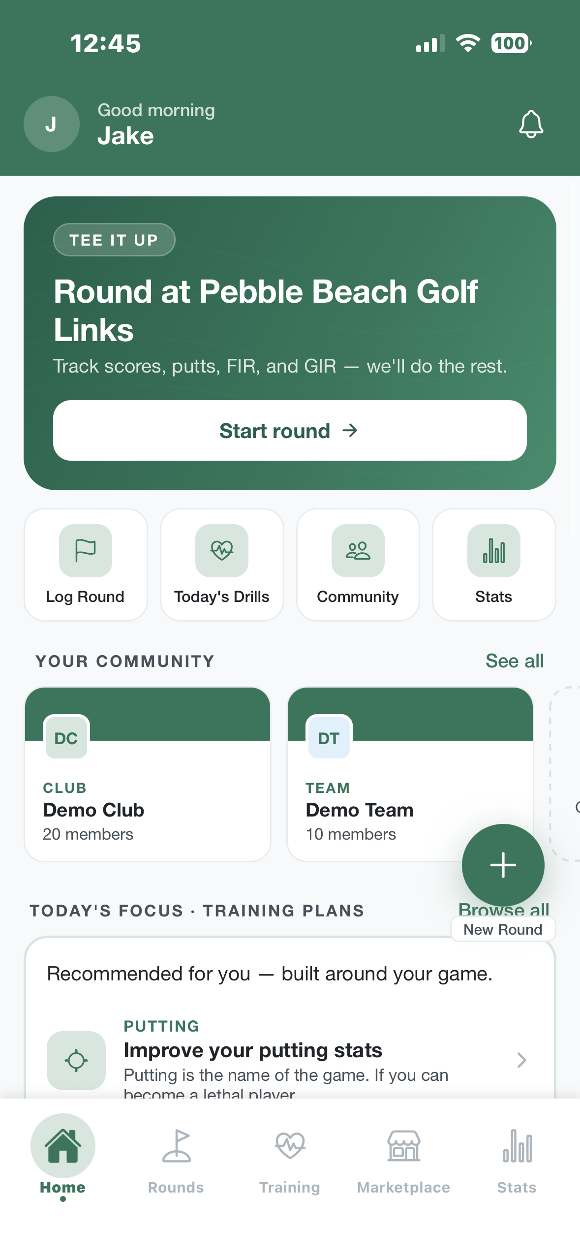 ParPro home dashboard with round tracking, drills, and community