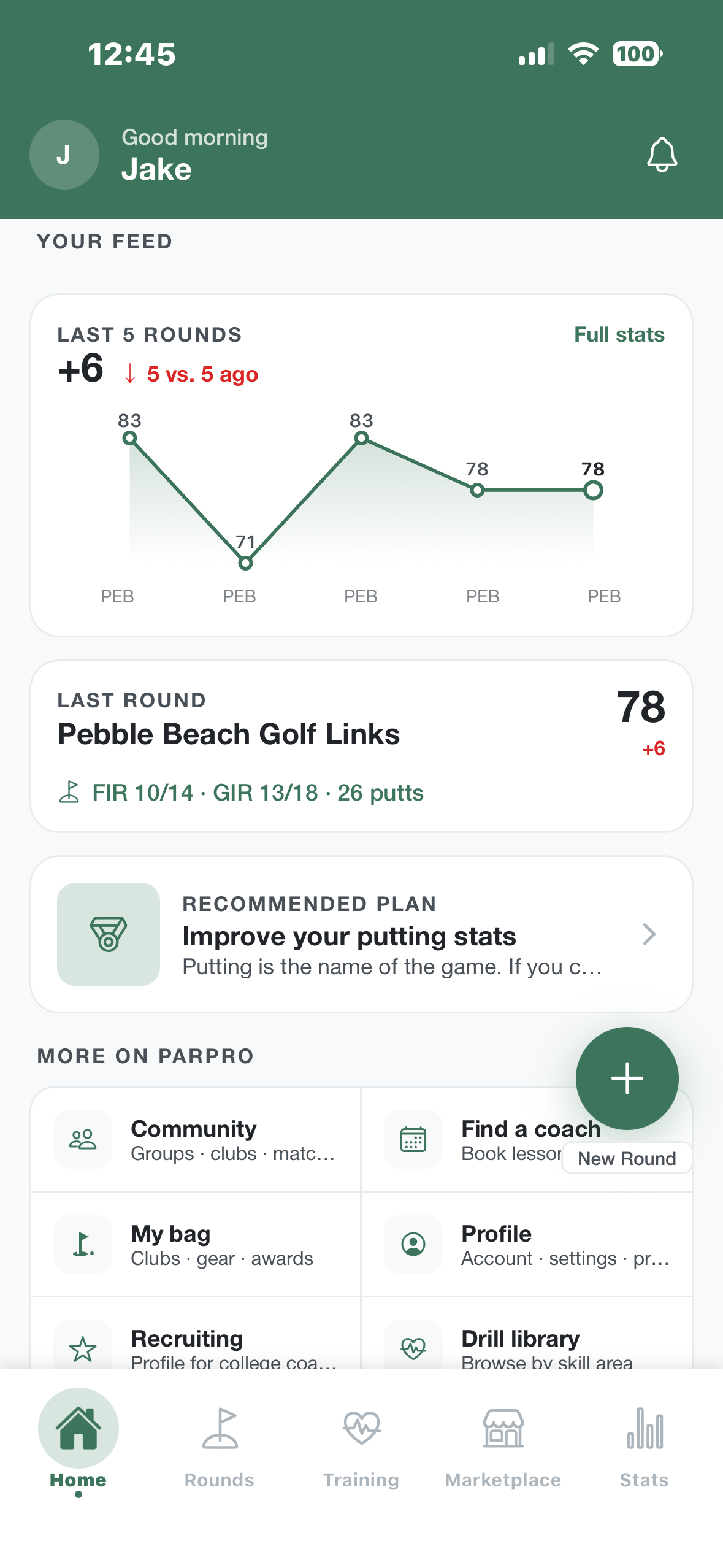 ParPro feed showing recent round scores and trend chart