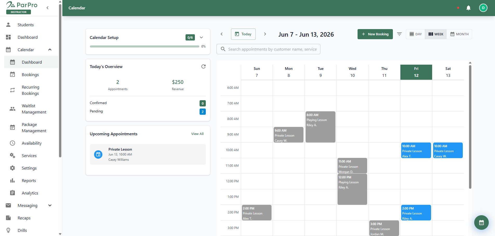 ParPro instructor calendar with weekly lesson bookings, today's overview, and upcoming appointments