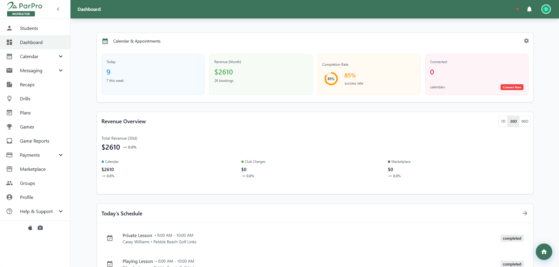 Instructor dashboard showing appointments, monthly revenue overview, and today's schedule
